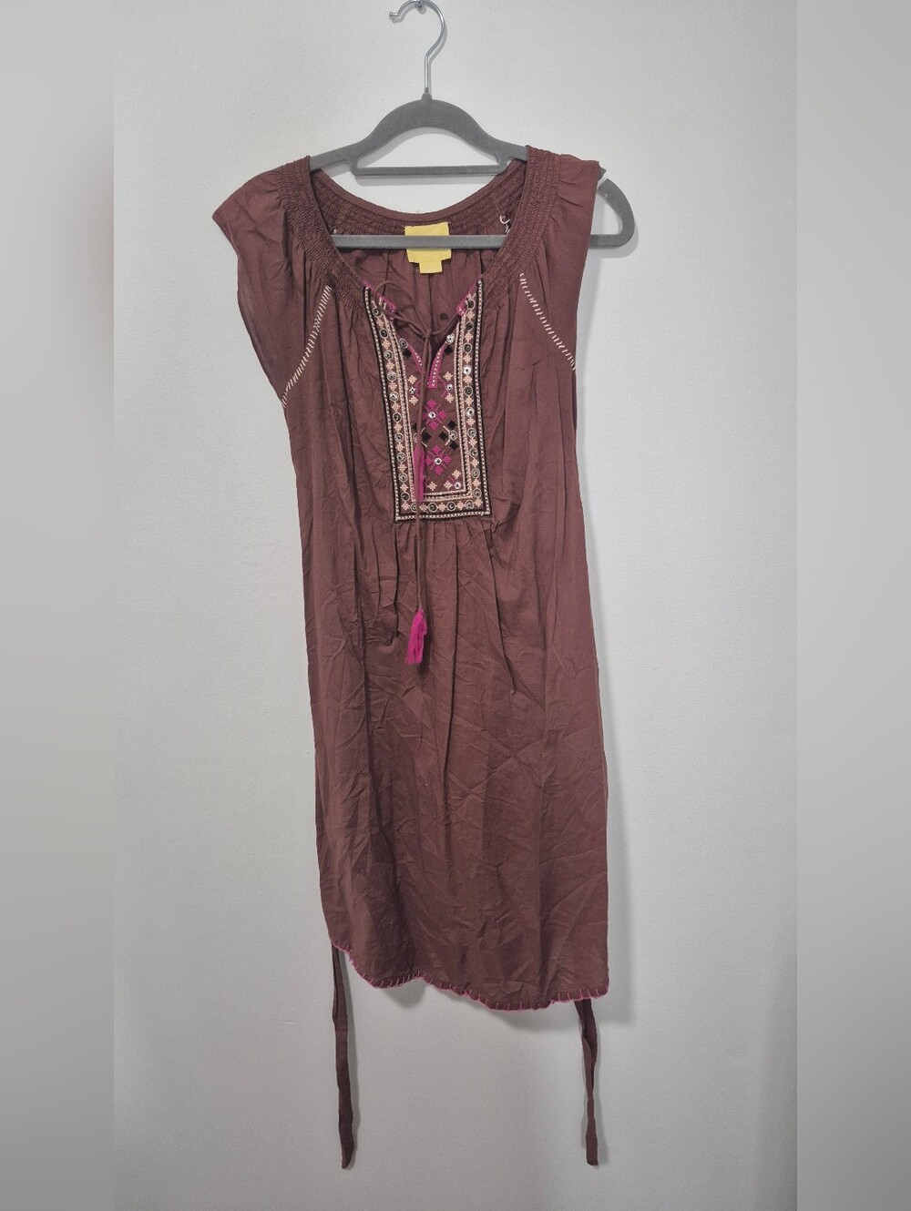 Maeve Boho Embroidered Cotton Tassel Mini Dress - Size 0
